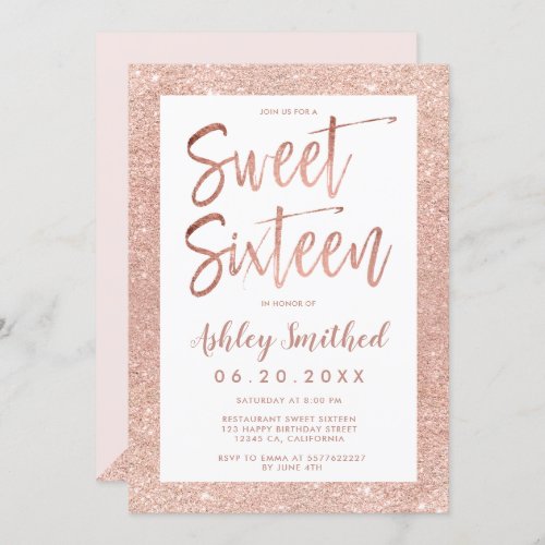 Rose gold glitter frame blush pink sweet sixteen invitation