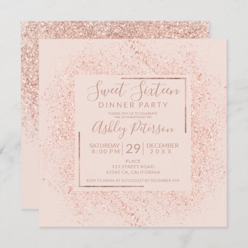 Rose gold glitter frame chic  blush pink sweet 16 invitation