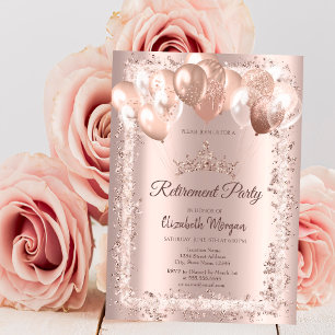 Rose Gold Glitter Frame Crown Balloons Retirement Invitation