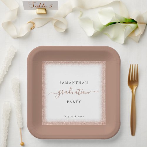 Rose Gold Glitter Frame Name Date Graduation Party Paper Plates