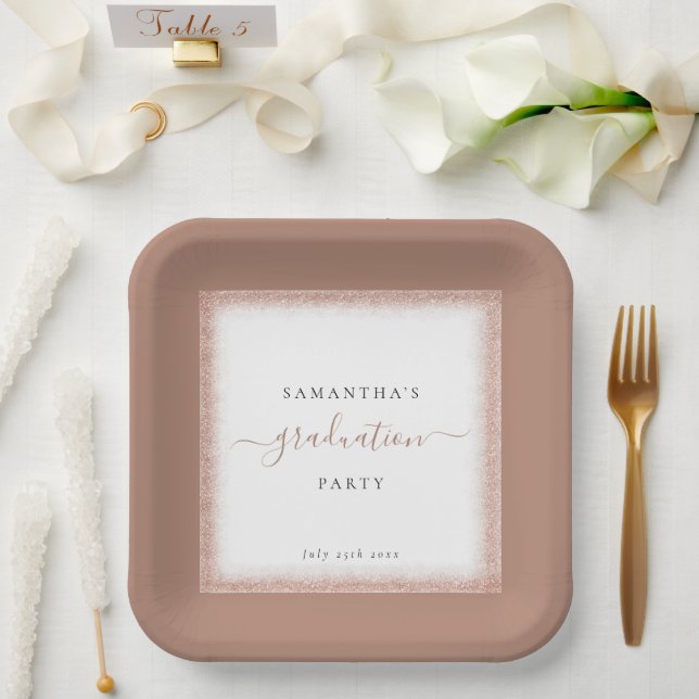 Rose Gold Glitter Frame Name Date Graduation Party Paper Plates (Wedding)