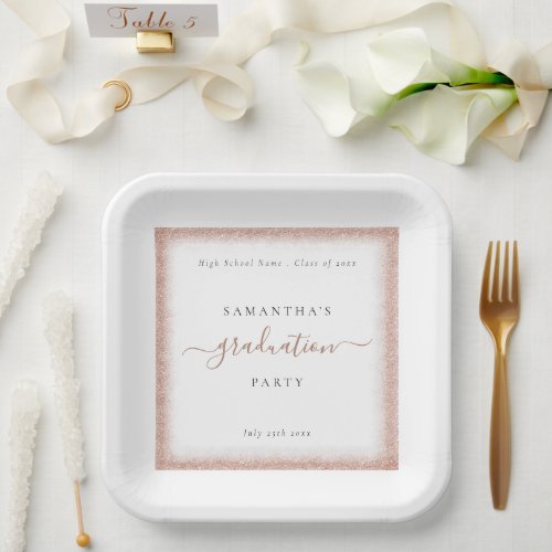 Rose Gold Glitter Frame Name Date White Grad Party Paper Plates
