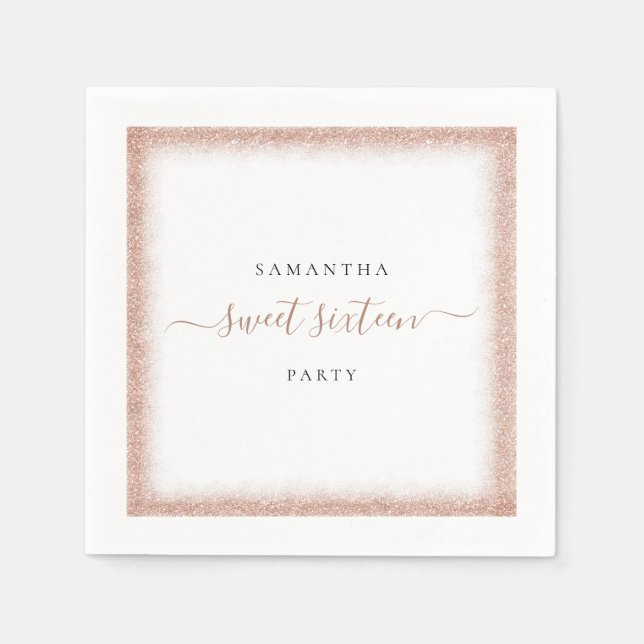 Rose Gold Glitter Frame Name Sweet 16 Party Napkins (Front)