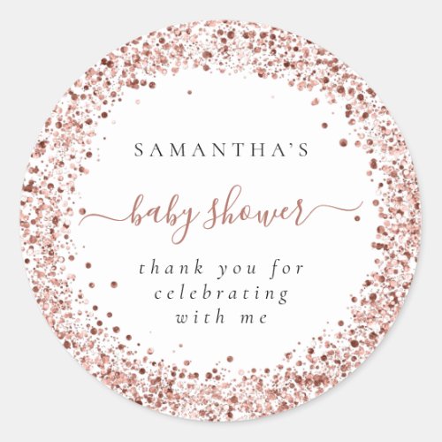 Rose Gold Glitter Frame Name Thank You Baby Shower Classic Round Sticker