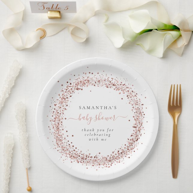 Rose Gold Glitter Frame Name Thanks Baby Shower  Paper Plates (Wedding)