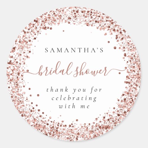 Rose Gold Glitter Frame Name Thanks Bridal Shower Classic Round Sticker