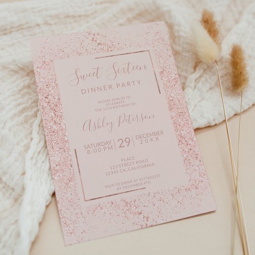 Rose gold glitter frame pastel blush pink sweet 16 invitation