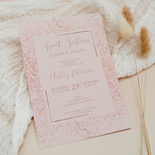 Rose gold glitter frame pastel blush pink sweet 16 invitation (Rose gold glitter frame pastel blush pink sweet 16 invitation)
