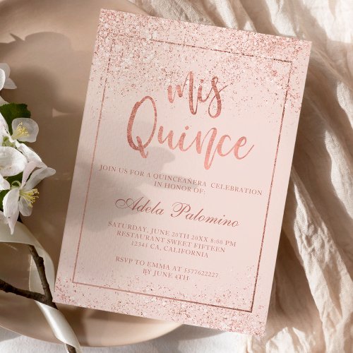 Rose gold glitter frame script blush Quinceaera Invitation