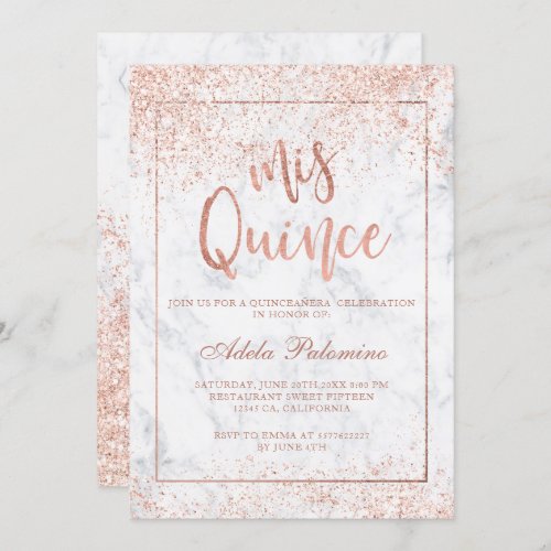 Rose gold glitter frame script marble Quinceaera Invitation