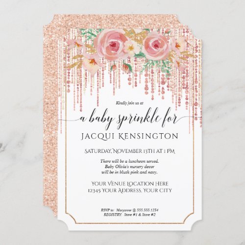 Rose Gold Glitter Fringe Pink Floral Baby Sprinkle Invitation