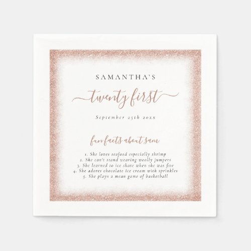 Rose Gold Glitter Fun Facts Name Date 21st Party Napkins