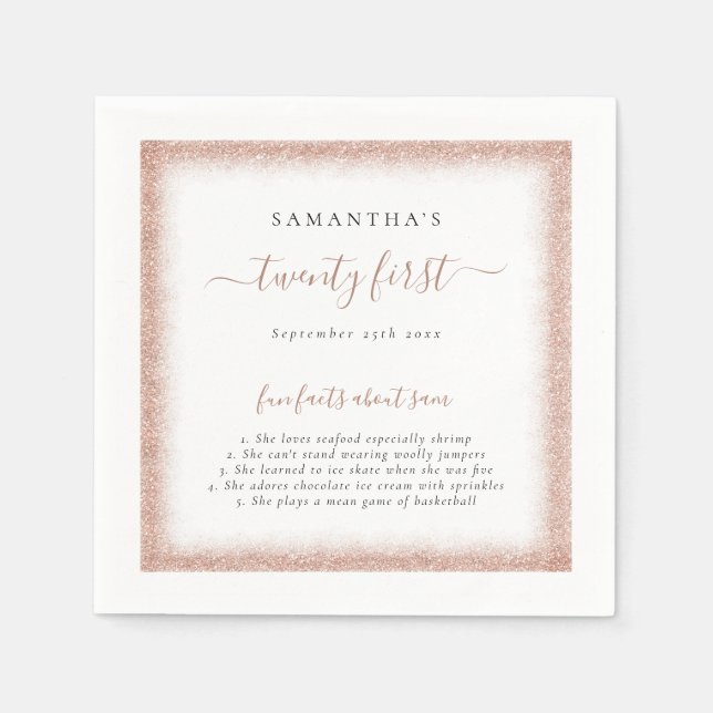 Rose Gold Glitter Fun Facts Name Date 21st Party Napkins (Front)