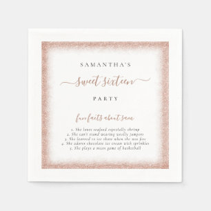 Rose Gold Glitter Fun Facts Name Sweet 16 Party Napkins
