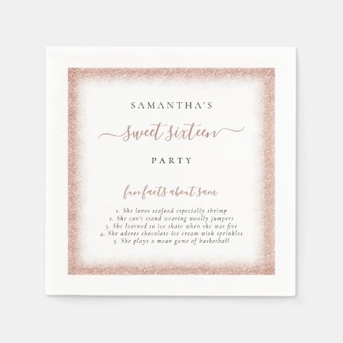 Rose Gold Glitter Fun Facts Name Sweet 16 Party  Napkins