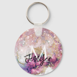 Rose Gold Glitter Galaxy Monogram Custom Name Keychain