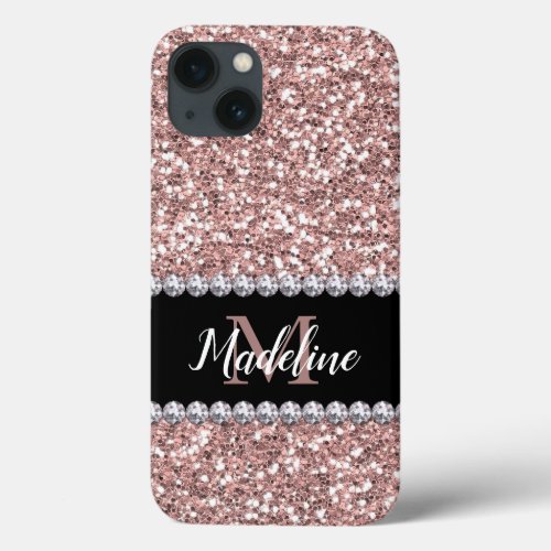 Rose Gold Glitter  Gems with Name and Monogram Ca iPhone 13 Case