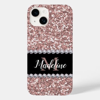 Rose Gold Glitter & Gems With Name And Monogram Ca Case-mate Iphone 14 Case by CoolestPhoneCases at Zazzle