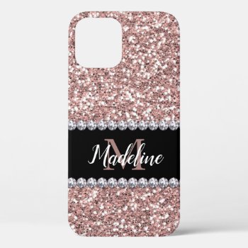 Rose Gold Glitter & Gems With Name And Monogram Iphone 12 Case by CoolestPhoneCases at Zazzle