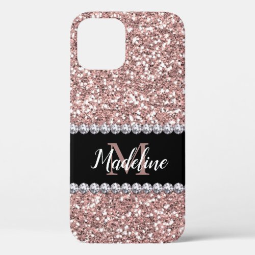 Rose Gold Glitter  Gems with Name and Monogram iPhone 12 Case