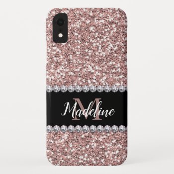 Rose Gold Glitter & Gems With Name And Monogram Iphone Xr Case by CoolestPhoneCases at Zazzle