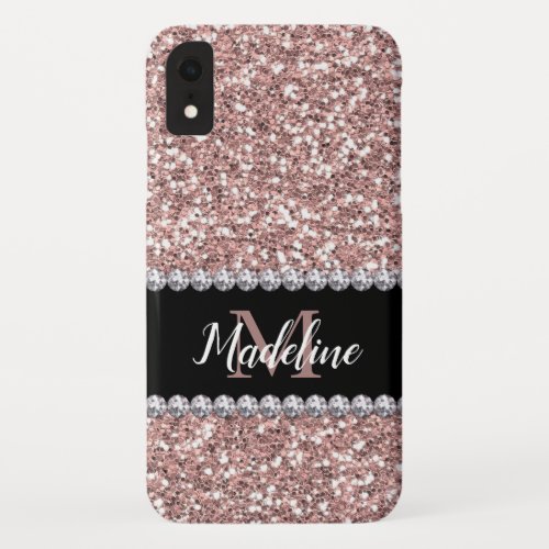 Rose Gold Glitter & Gems with Name and Monogram iPhone XR Case