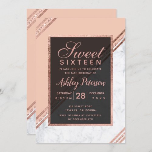 Rose gold glitter geometric stripe marble Sweet 16 Invitation