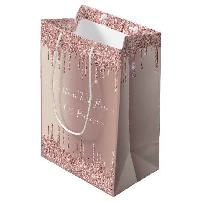 Rose Gold Glitter Gift Bag with Custom Text (Front Angled)