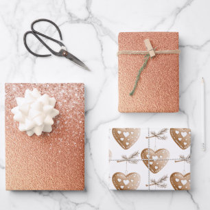 Rose Gold Glitter Gingerbread Heart Birthday Wrapping Paper Sheets