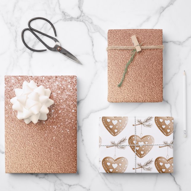 Rose Gold Glitter Gingerbread Heart Birthday Wrapping Paper Sheets (Front)