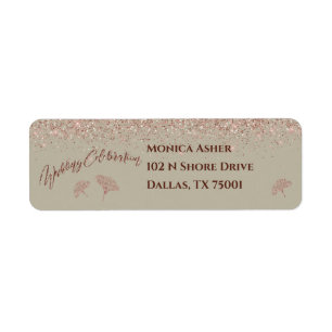 Rose Gold Glitter Gingko Leaves on Gray Mist Label