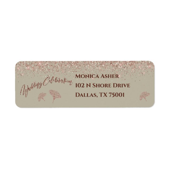 Rose Gold Glitter Gingko Leaves on Gray Mist Label (Front)
