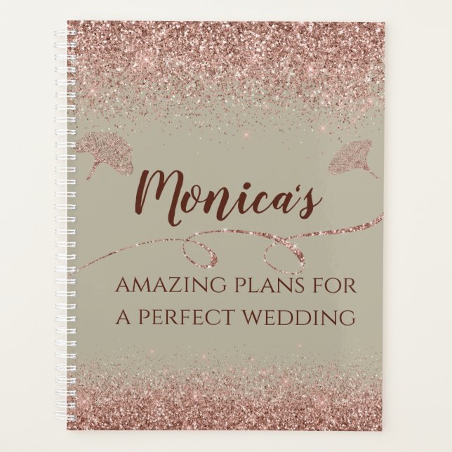 Rose Gold Glitter Gingko Leaves on Gray Wedding Planner (Front)