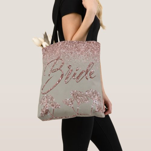 Rose Gold Glitter Gingko on Gray Mist Bride Tote Bag