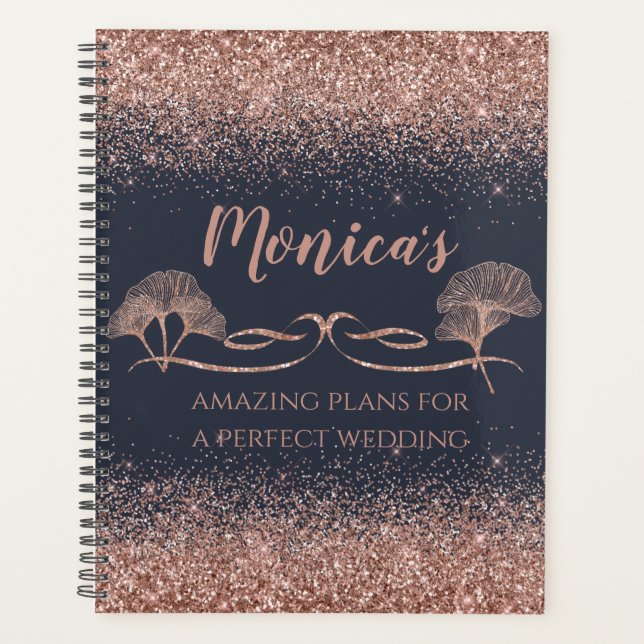 Rose Gold Glitter Ginkgo Leaves Wedding Planner (Front)
