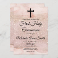 Rose Gold Glitter Girl 1st First Holy Communion Invitation