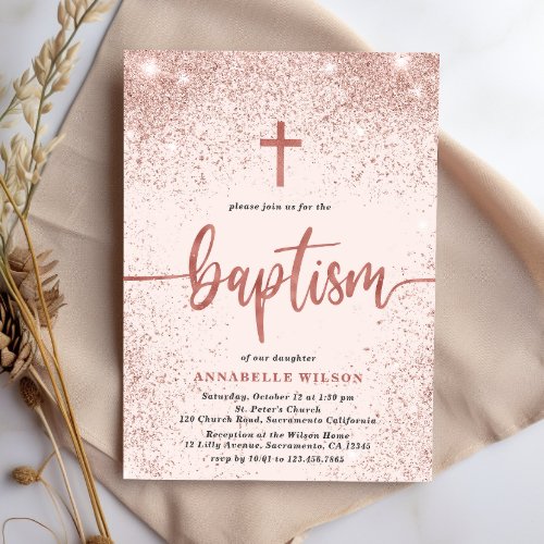 Rose Gold Glitter Girl Baptism Photo Invitation