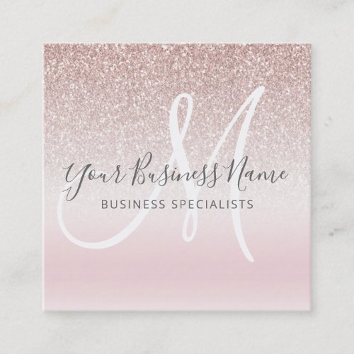 Rose Gold Glitter Girly Business Logo Monogram Square Business Card