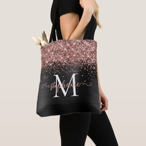 Rose Gold Glitter Girly Glam Black Personalized Tote Bag