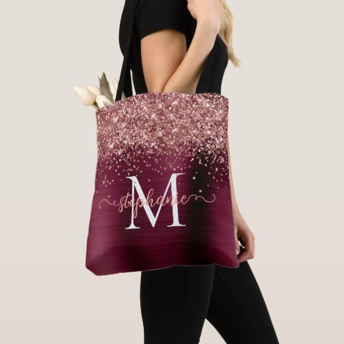 Rose Gold Glitter Girly Glam Burgundy Personalized Tote Bag