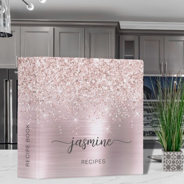 Rose Gold Glitter Girly Script Cookbook Recipe 3 Ring Binder (Creator Uploaded)