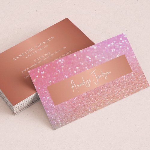 Rose gold glitter girly signature script business card