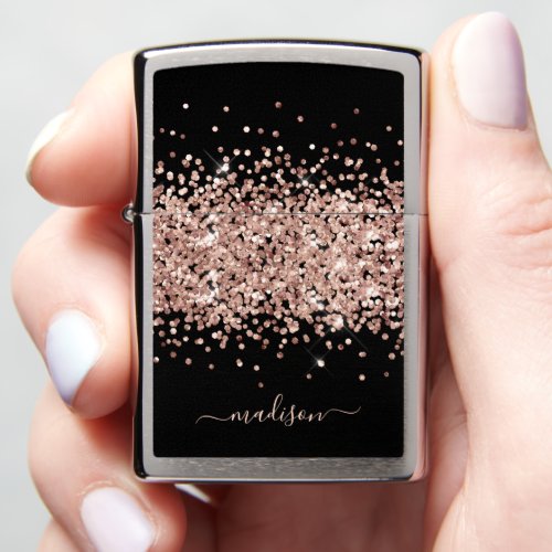 Rose Gold Glitter Girly Sparkle Black Zippo Lighter