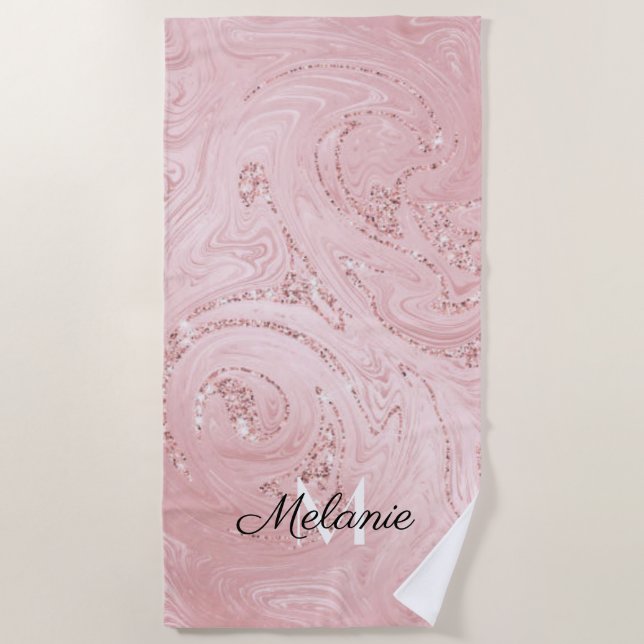 Rose Gold Glitter Girly Sparkle Pink Name  Beach T Beach Towel (Front)