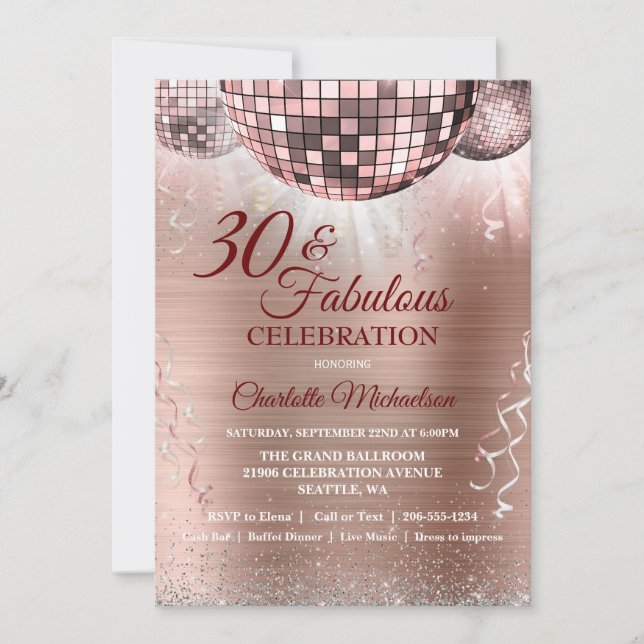 Rose Gold Glitter Glam 30th Birthday Disco Ball Invitation (Front)
