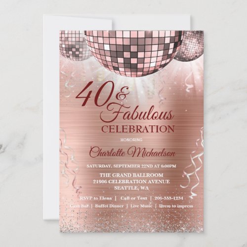 Rose Gold Glitter Glam 40 and Fabulous Disco Ball Invitation