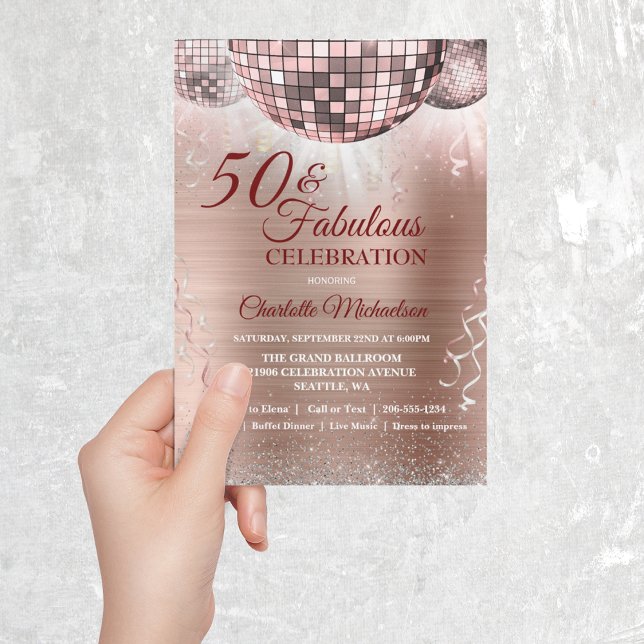 Rose Gold Glitter Glam 50 and Fabulous Disco Ball Invitation (Creator Uploaded)