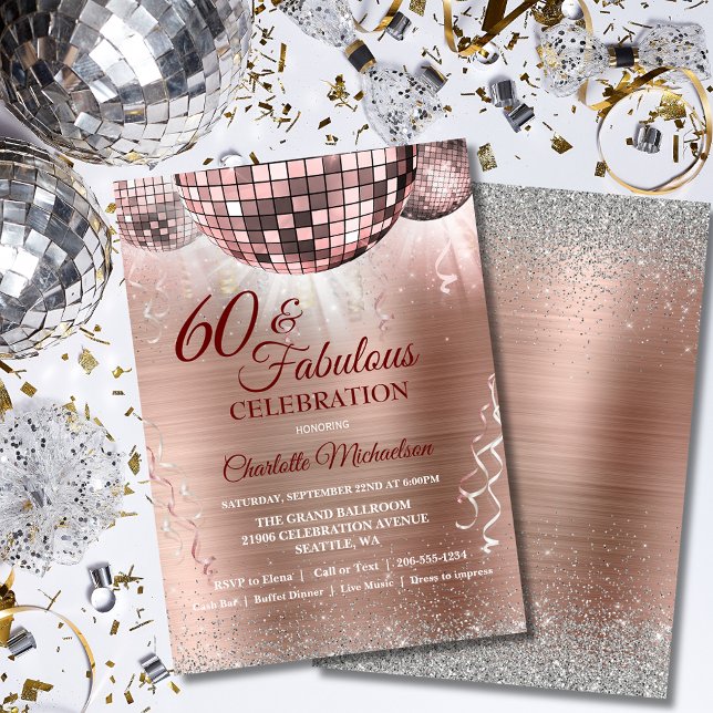 Rose Gold Glitter Glam 60th Birthday Disco Ball Invitation (Rose Gold Glitter Glam 60th Birthday Disco Ball Invitation)