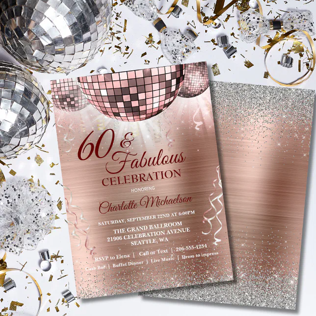 Rose Gold Glitter Glam 60th Birthday Disco Ball Invitation | Zazzle