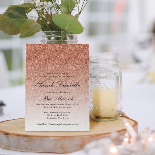 Rose Gold Glitter Glam Bat Mitzvah Invitation